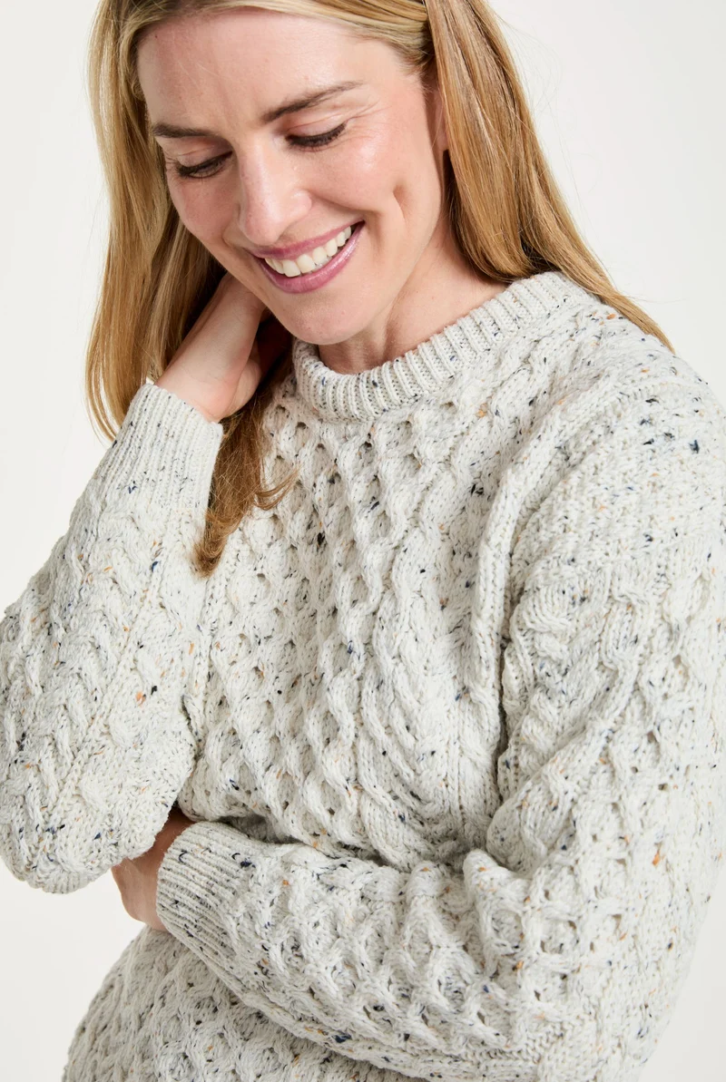 Inisheer Traditional Ladies Merino Aran Sweater - Flecked Cream