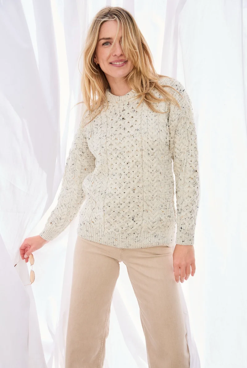 Inisheer Traditional Ladies Merino Aran Sweater - Flecked Cream
