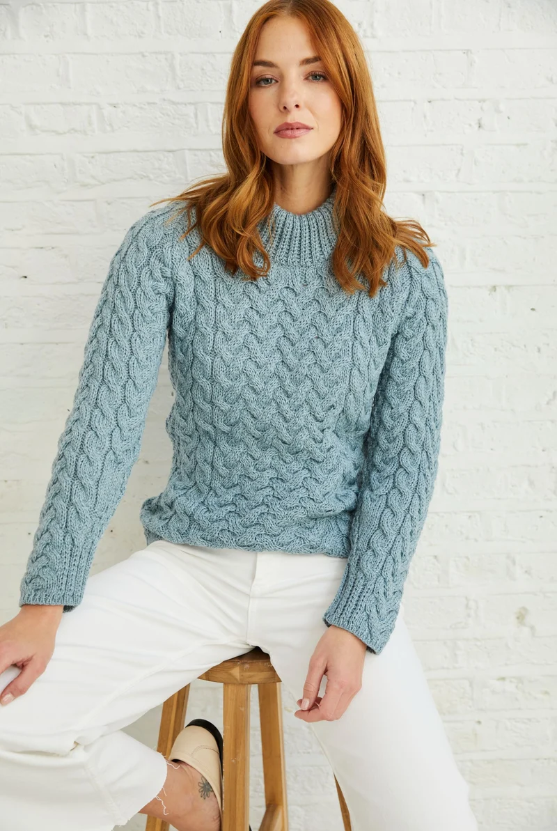 Knightstown Ladies Merino Aran Crew Sweater - Blue