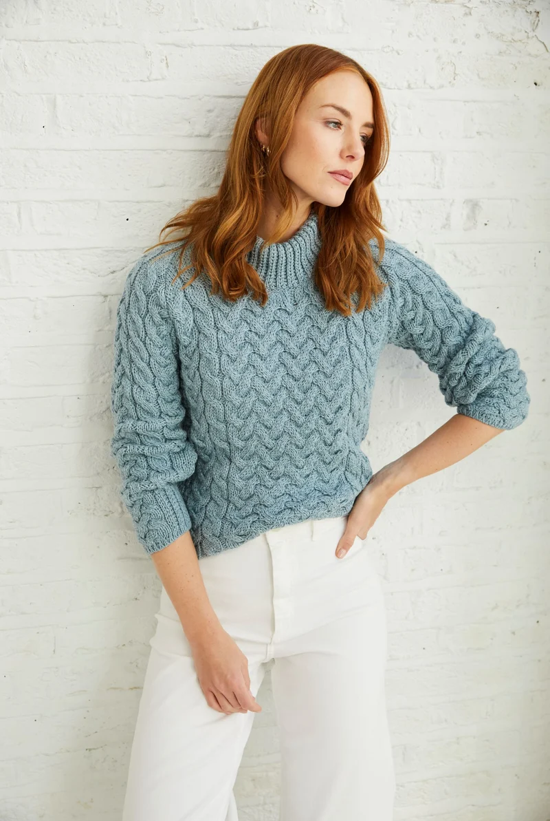 Knightstown Ladies Merino Aran Crew Sweater - Blue