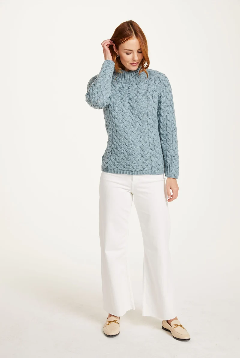 Knightstown Ladies Merino Aran Crew Sweater - Blue