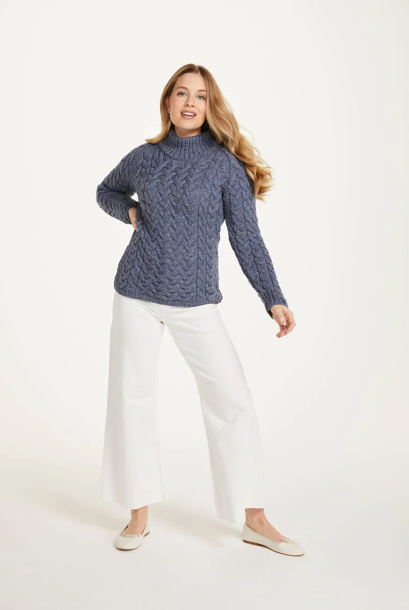 Knightstown Ladies Merino Aran Crew Sweater - Denim
