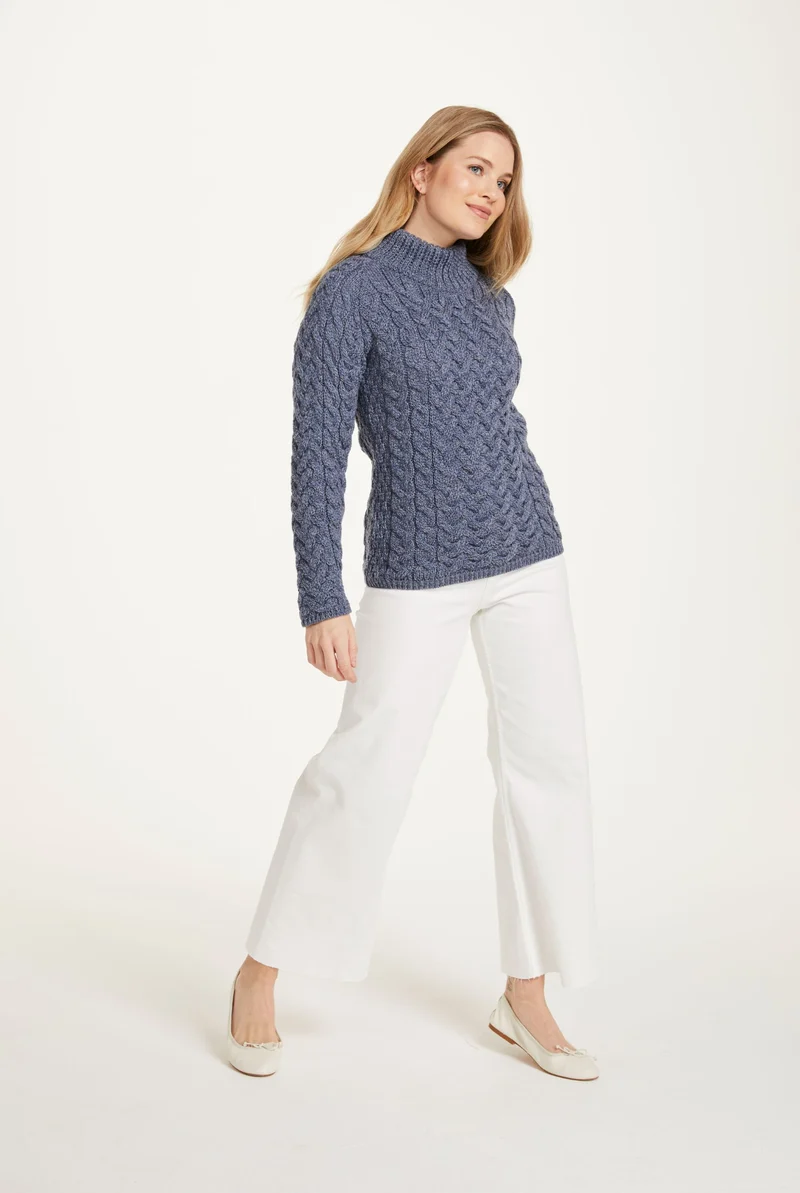 Knightstown Ladies Merino Aran Crew Sweater - Denim