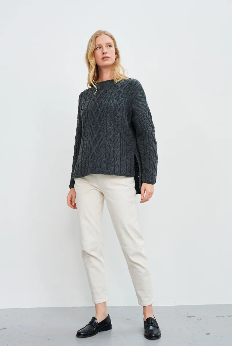 Tully Box Supersoft Merino Aran Sweater - Slate Grey
