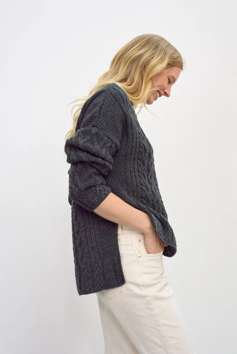 Tully Box Supersoft Merino Aran Sweater - Slate Grey