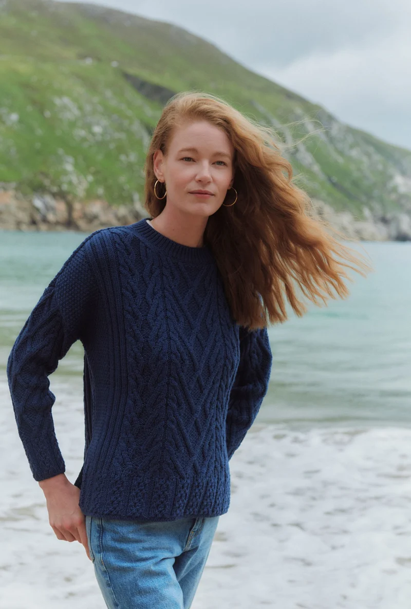 Tully Box Supersoft Merino Aran Sweater - Navy