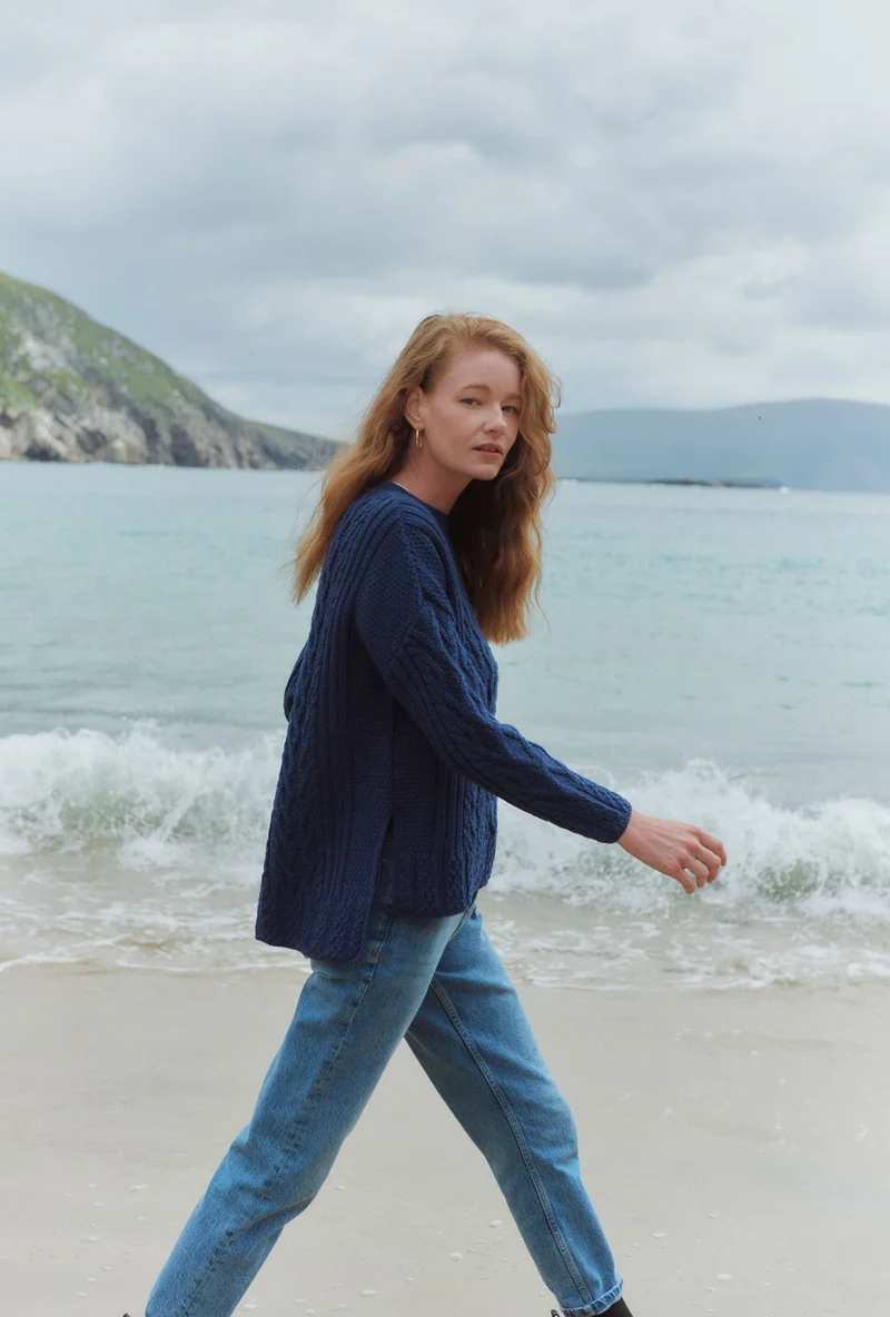 Tully Box Supersoft Merino Aran Sweater - Navy