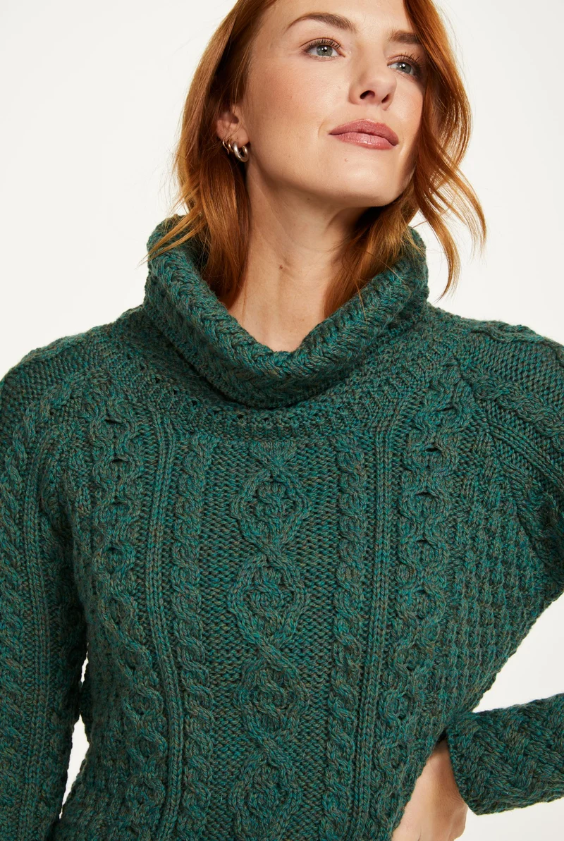 Belcare Ladies Merino Aran Roll Neck Sweater - Green