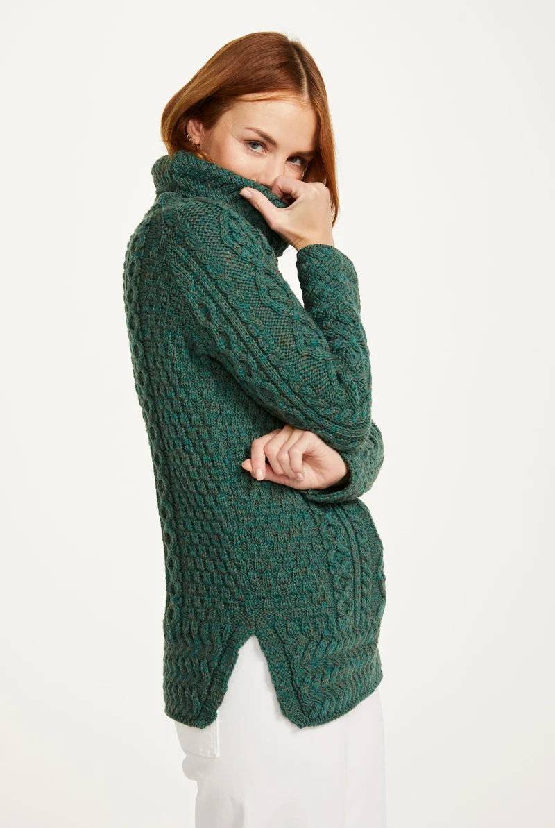 Belcare Ladies Merino Aran Roll Neck Sweater - Green