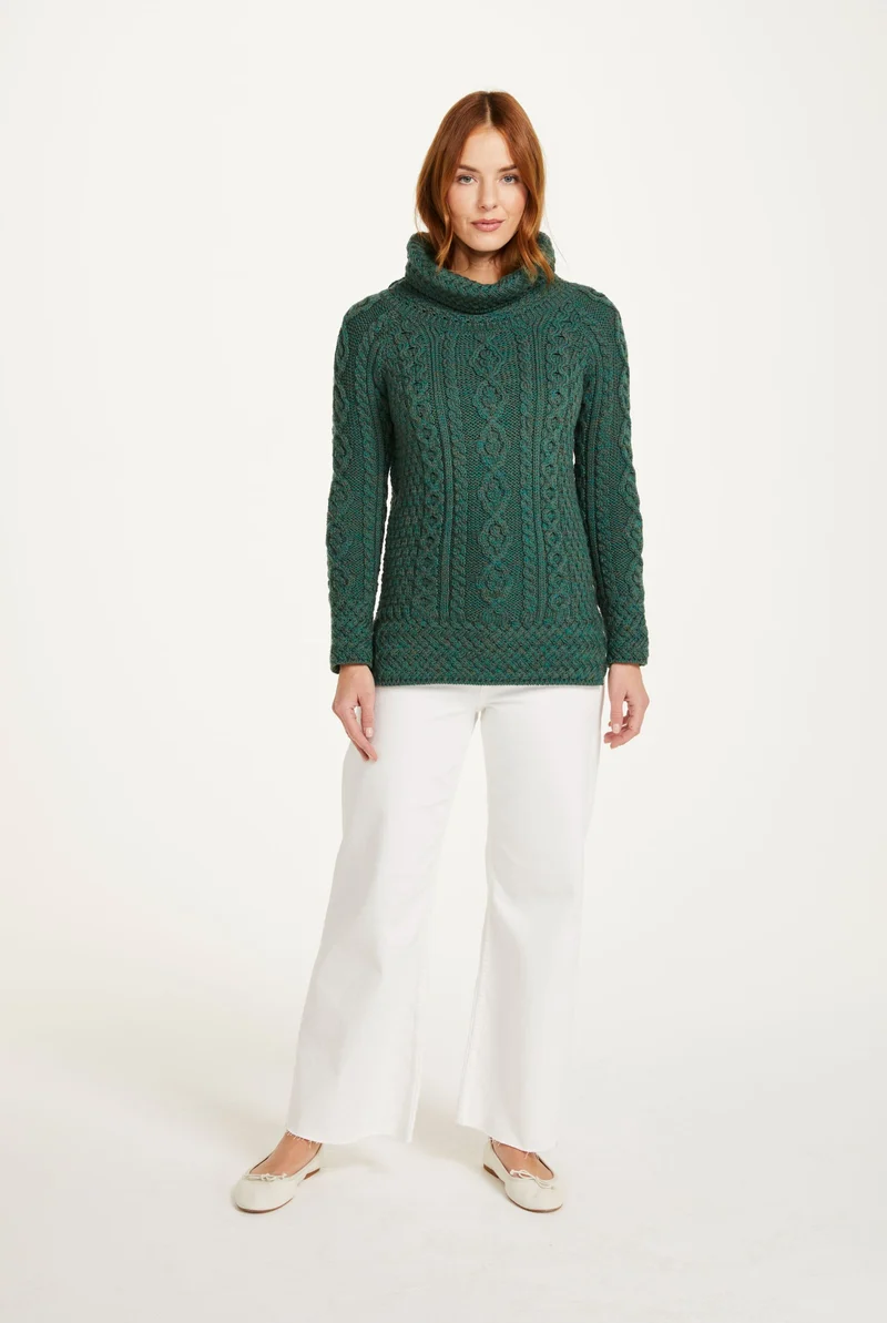 Belcare Ladies Merino Aran Roll Neck Sweater - Green