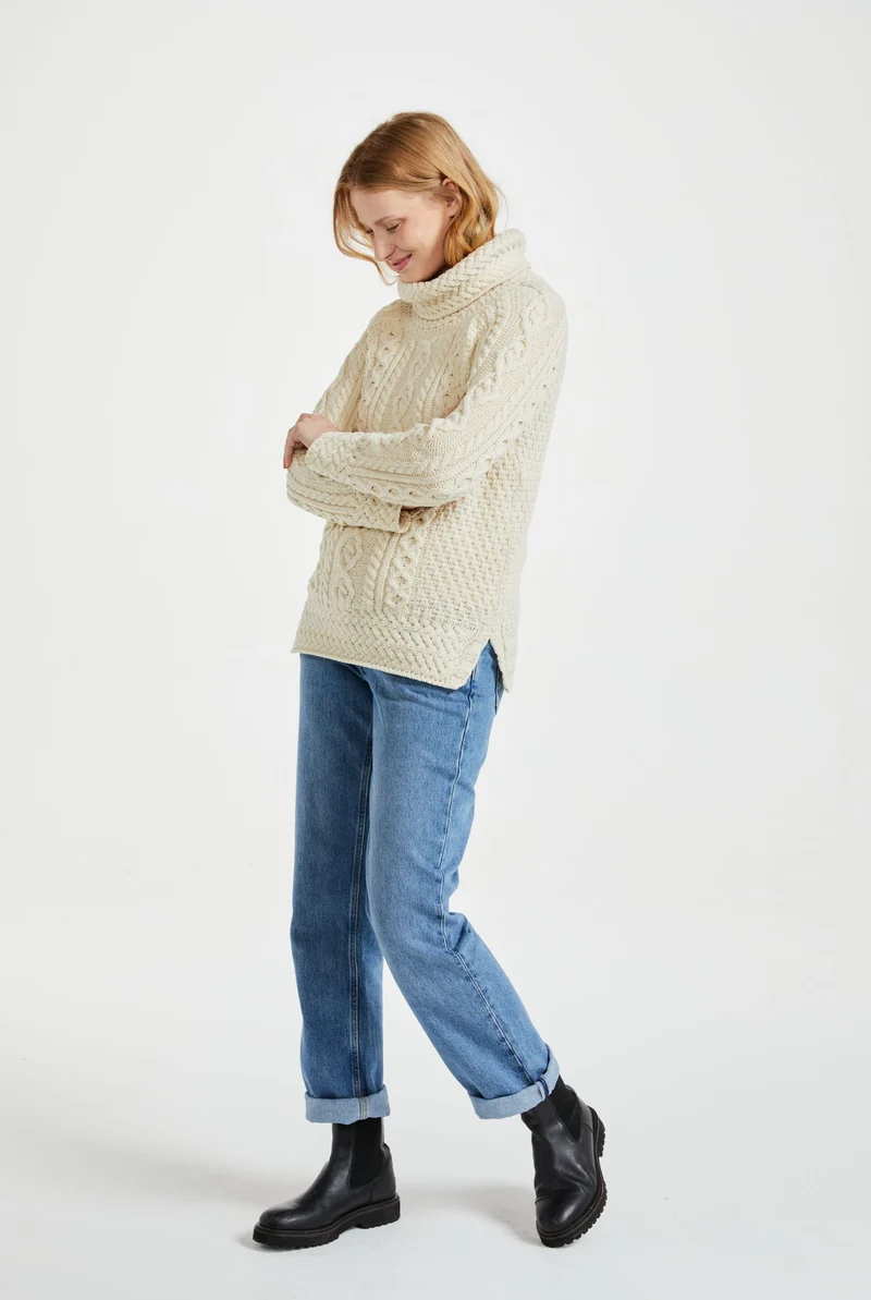 Belcare Ladies Aran Roll Neck Sweater - Cream