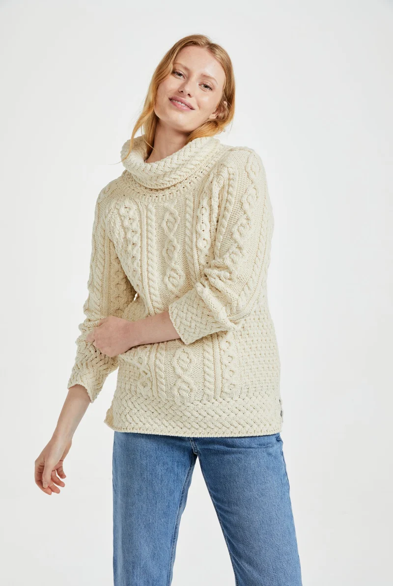 Belcare Ladies Aran Roll Neck Sweater - Cream