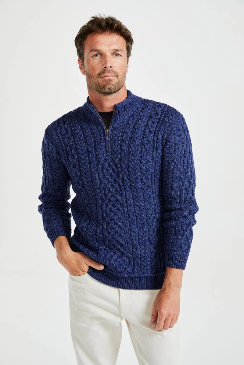 Lackaun Mens Half Aran Troyer with Zip - Navy
