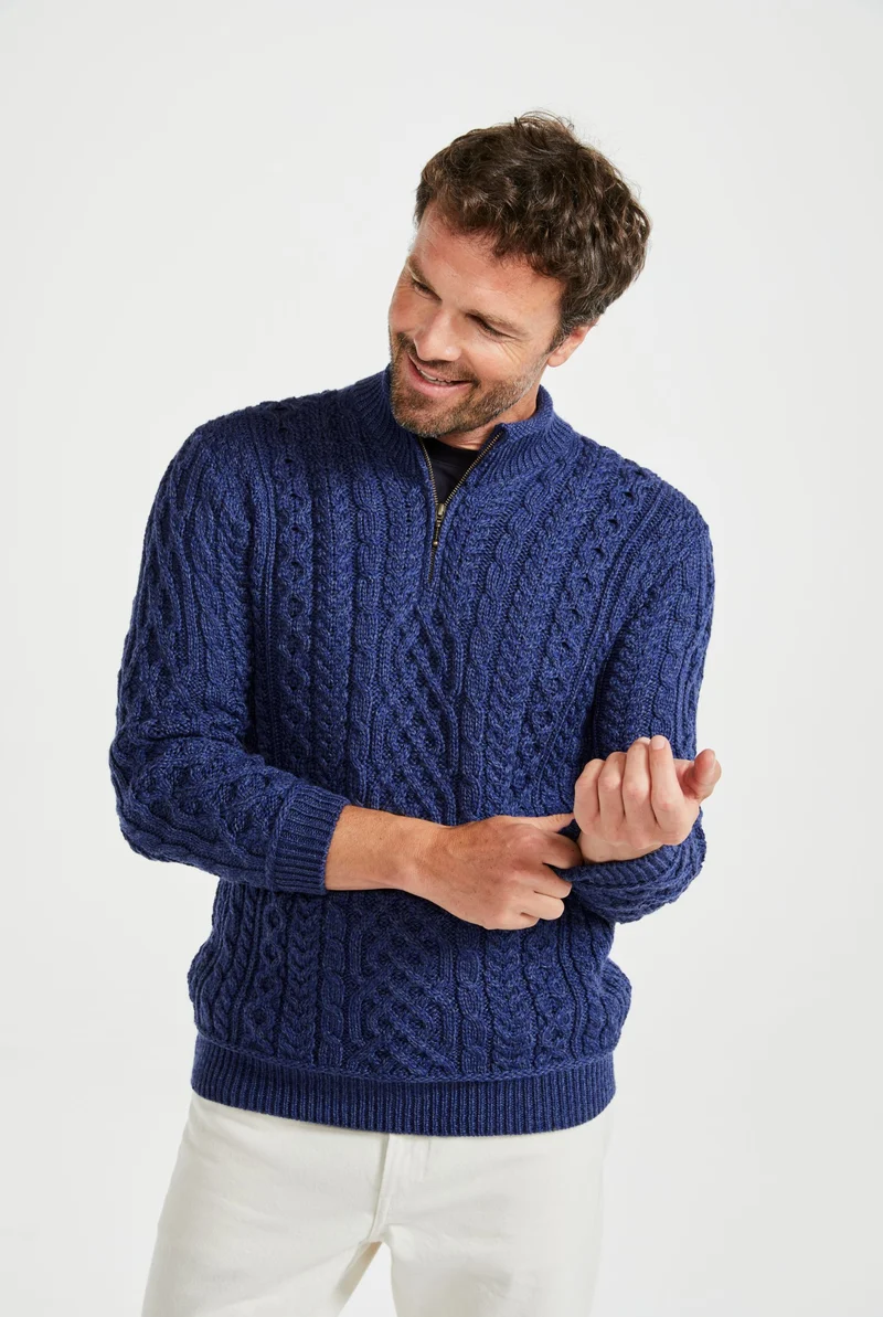 Lackaun Mens Half Aran Troyer with Zip - Navy