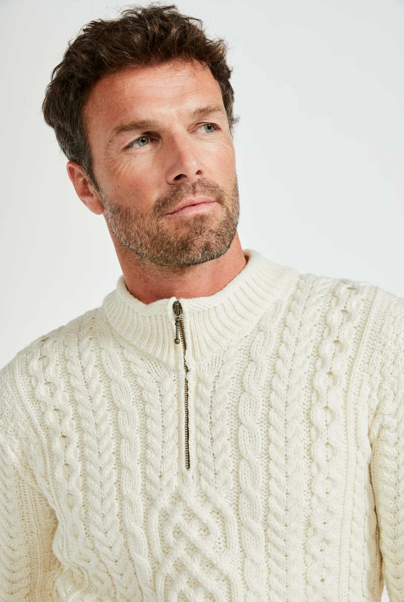 Lackaun Mens Half Aran Troyer with Zip - Cream