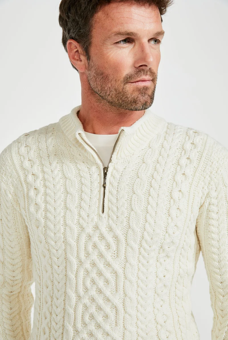 Lackaun Mens Half Aran Troyer with Zip - Cream