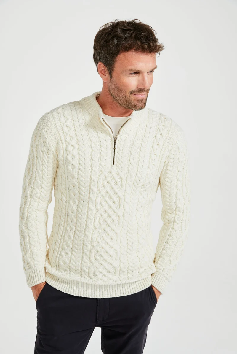 Lackaun Mens Half Aran Troyer with Zip - Cream
