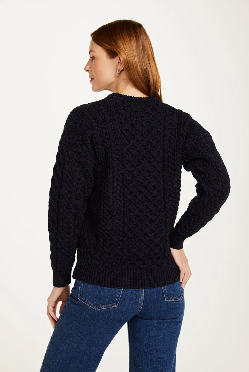 Inisheer Traditional Ladies Merino Aran Sweater - Navy