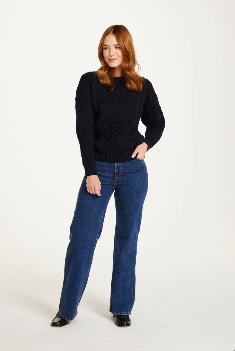 Inisheer Traditional Ladies Merino Aran Sweater - Navy