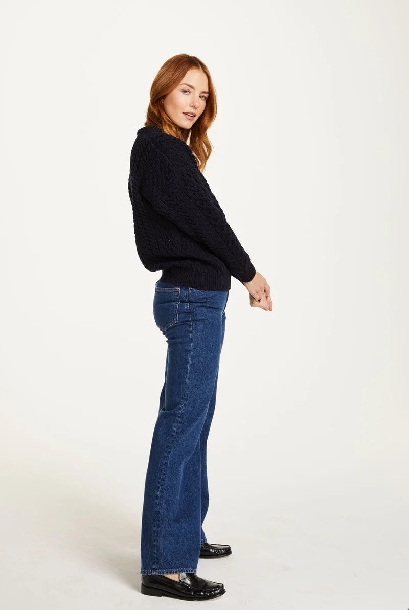 Inisheer Traditional Ladies Merino Aran Sweater - Navy