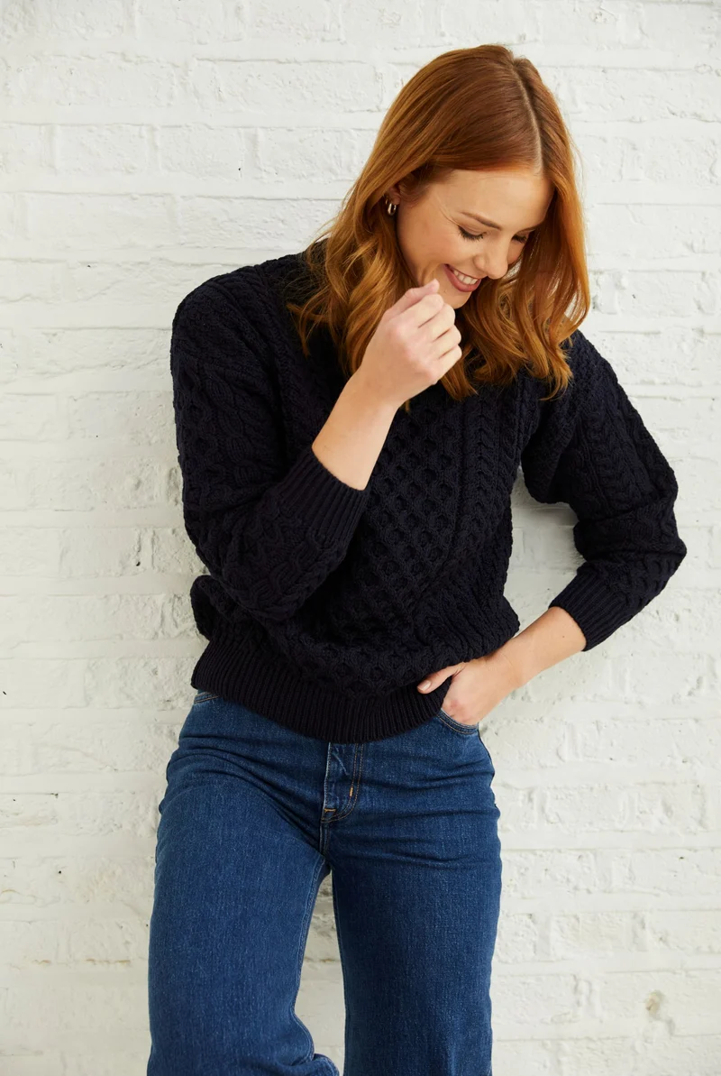 Inisheer Traditional Ladies Merino Aran Sweater - Navy