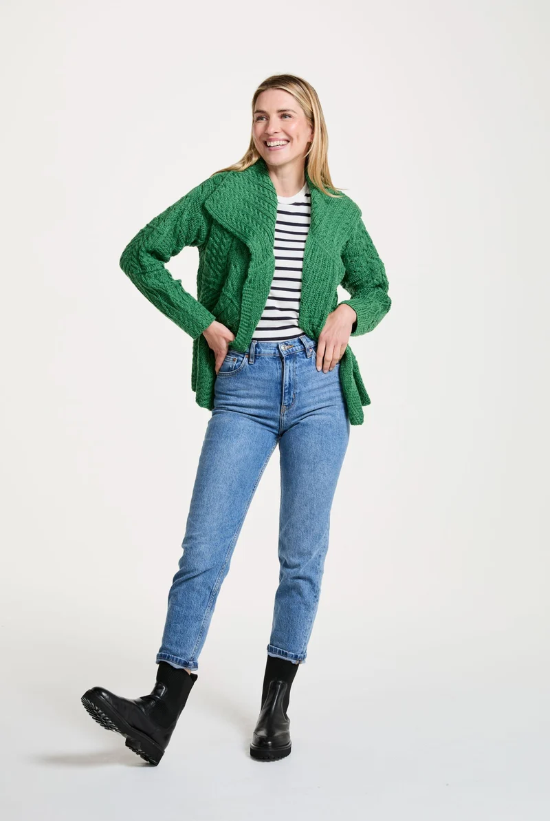 Céide Ladies Merino Aran Cardigan -Green