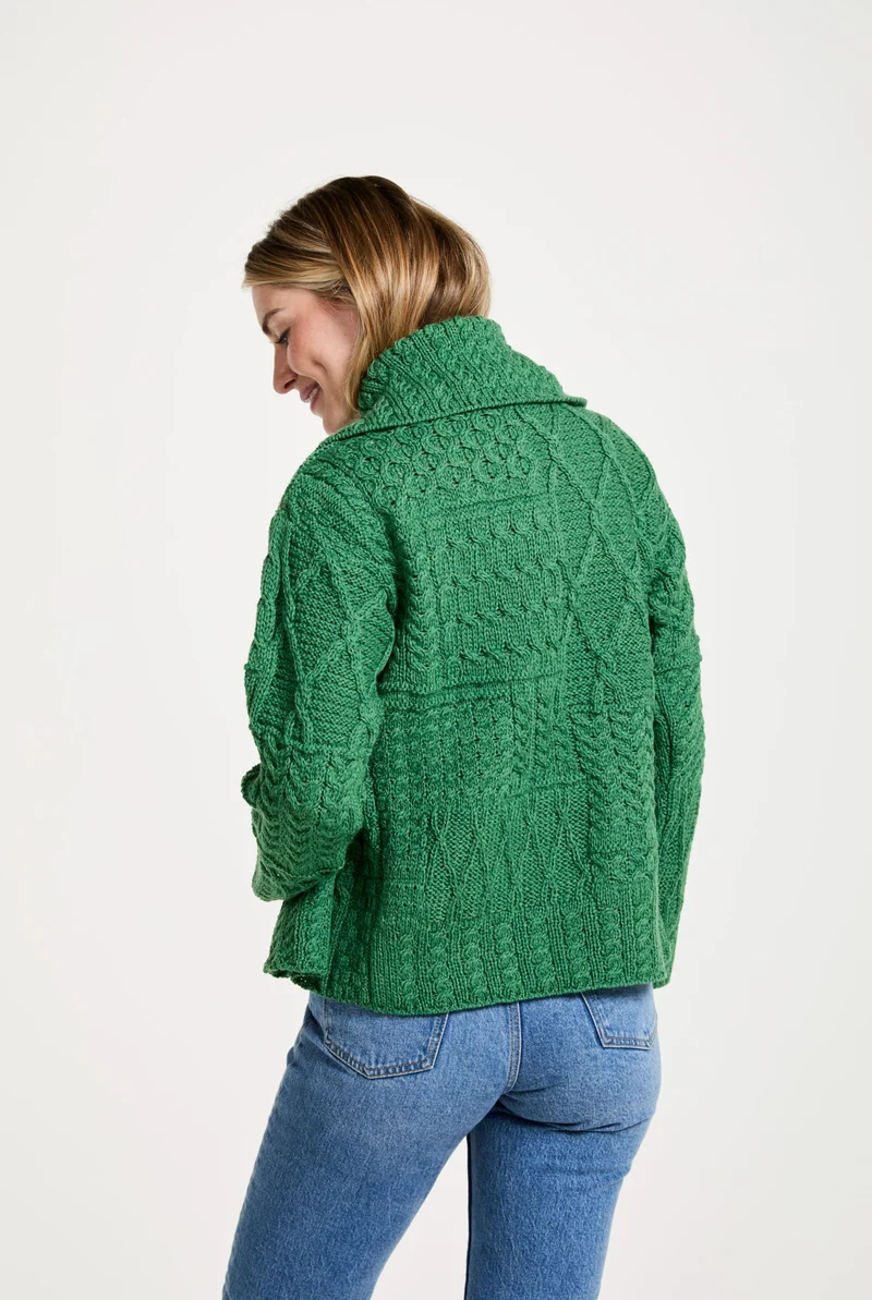 Céide Ladies Merino Aran Cardigan -Green