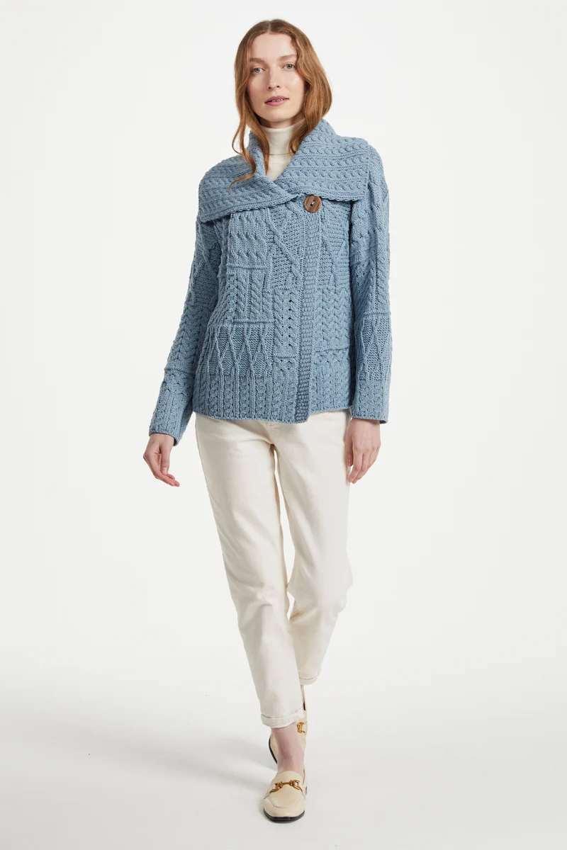 Céide Ladies Merino Aran Cardigan - Blue