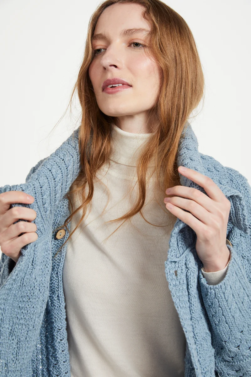 Céide Ladies Merino Aran Cardigan - Blue