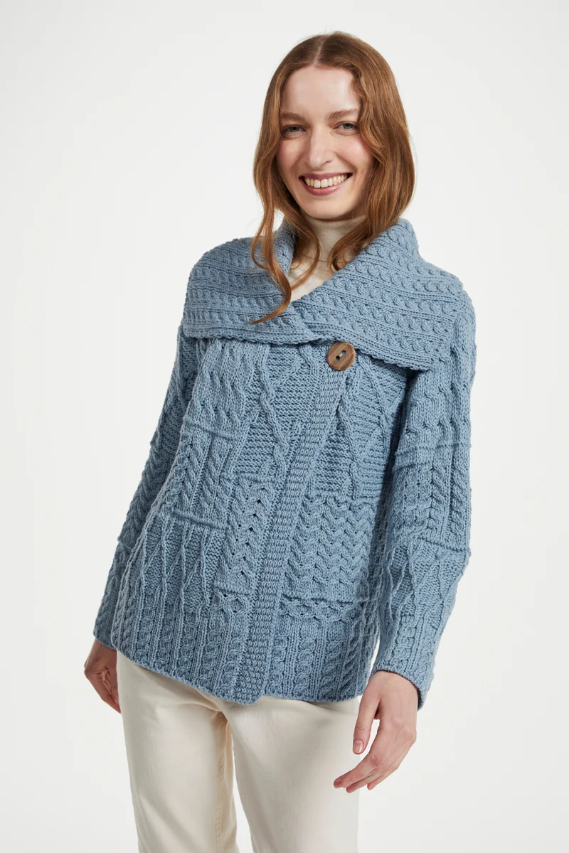 Céide Ladies Merino Aran Cardigan - Blue