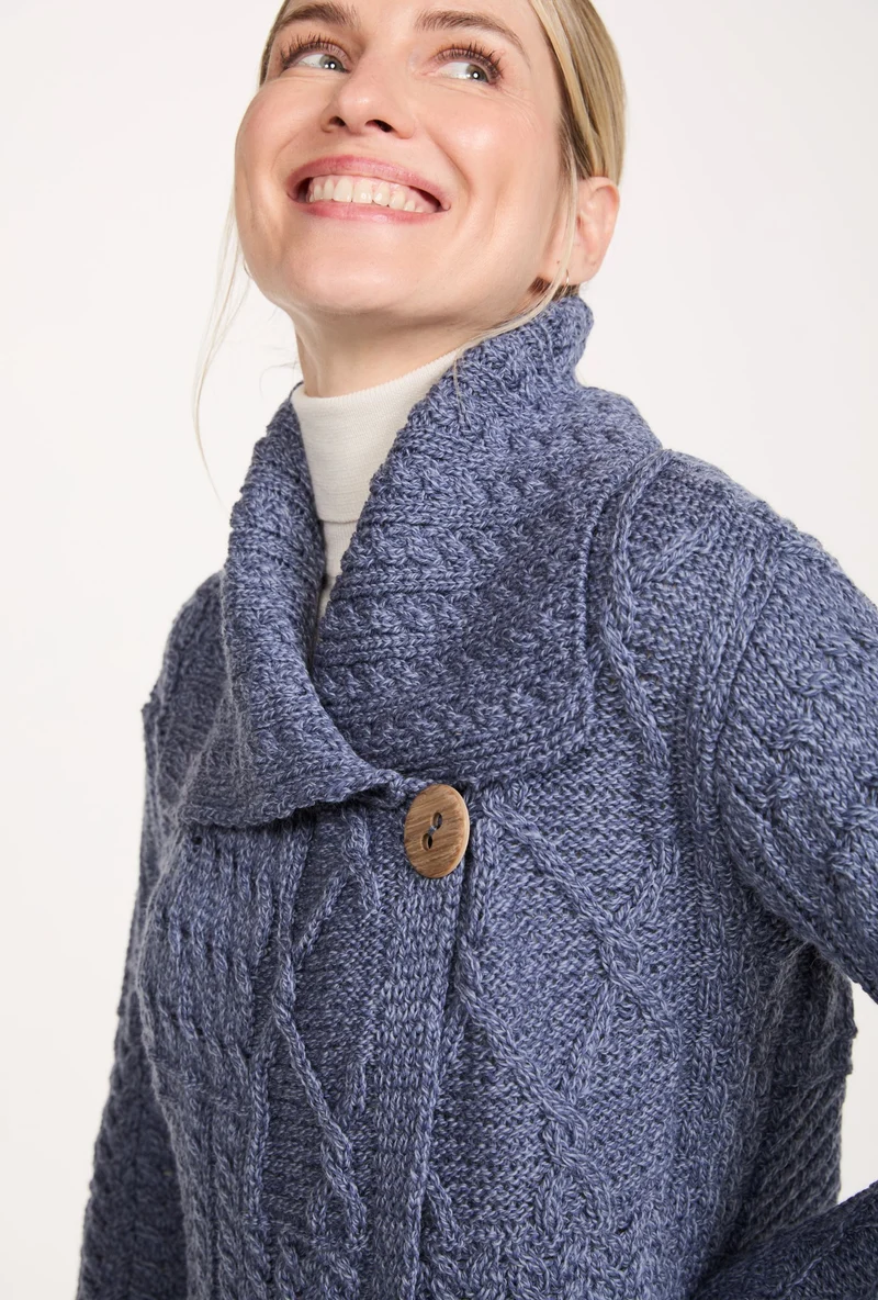 Céide Ladies Merino Aran Cardigan - Denim Blue