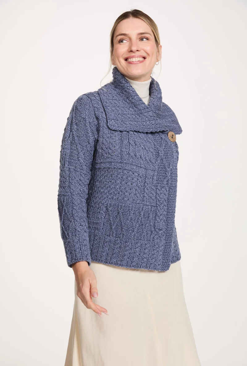 Céide Ladies Merino Aran Cardigan - Denim Blue