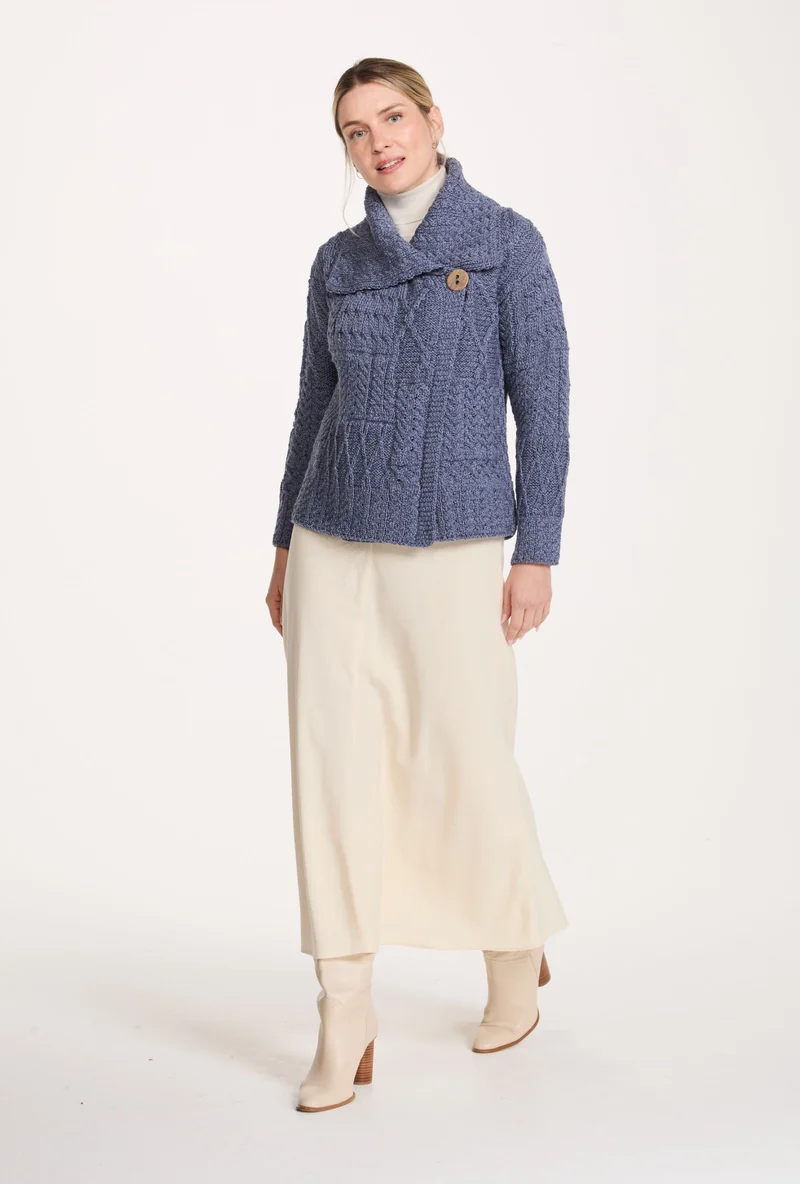Céide Ladies Merino Aran Cardigan - Denim Blue