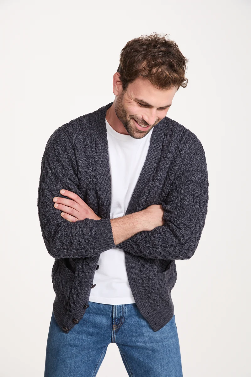 Clare Island Mens Merino Aran Cardigan - Charcoal