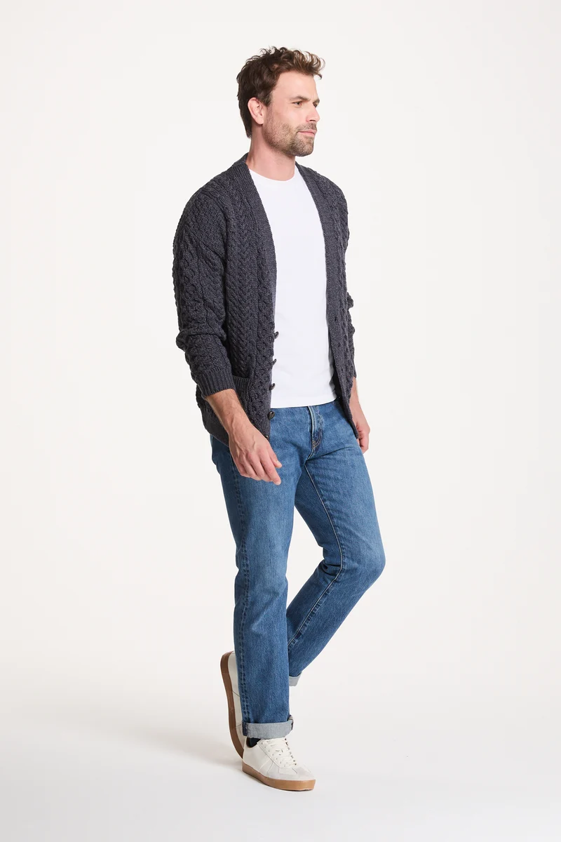 Clare Island Mens Merino Aran Cardigan - Charcoal