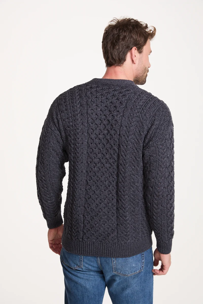 Clare Island Mens Merino Aran Cardigan - Charcoal