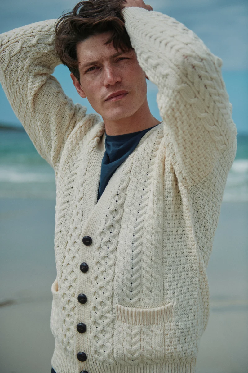Clare Island Mens Merino Aran Cardigan - Cream