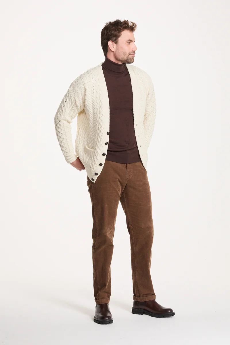 Clare Island Mens Merino Aran Cardigan - Cream
